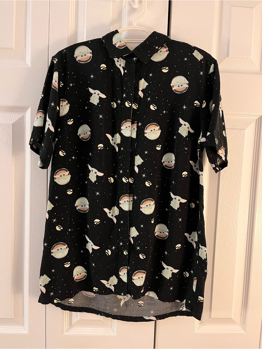 Her Universe Black Short-Sleeve Button-Down Shirt with Baby Yoda & Planet Print